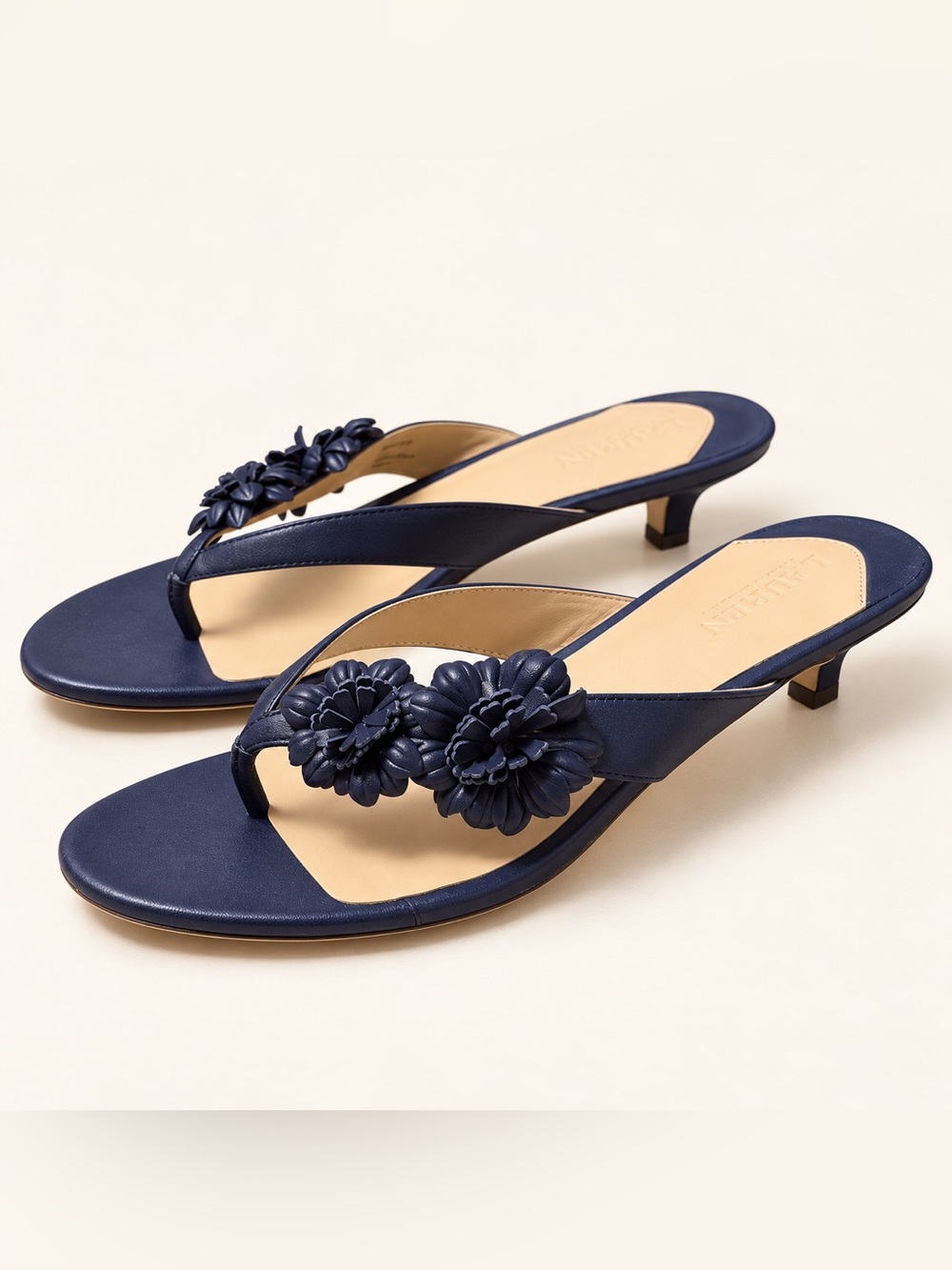 Lauren Ralph Lauren Francesca Floral Navy Leather Kitten Heel Sandals 7B NIB